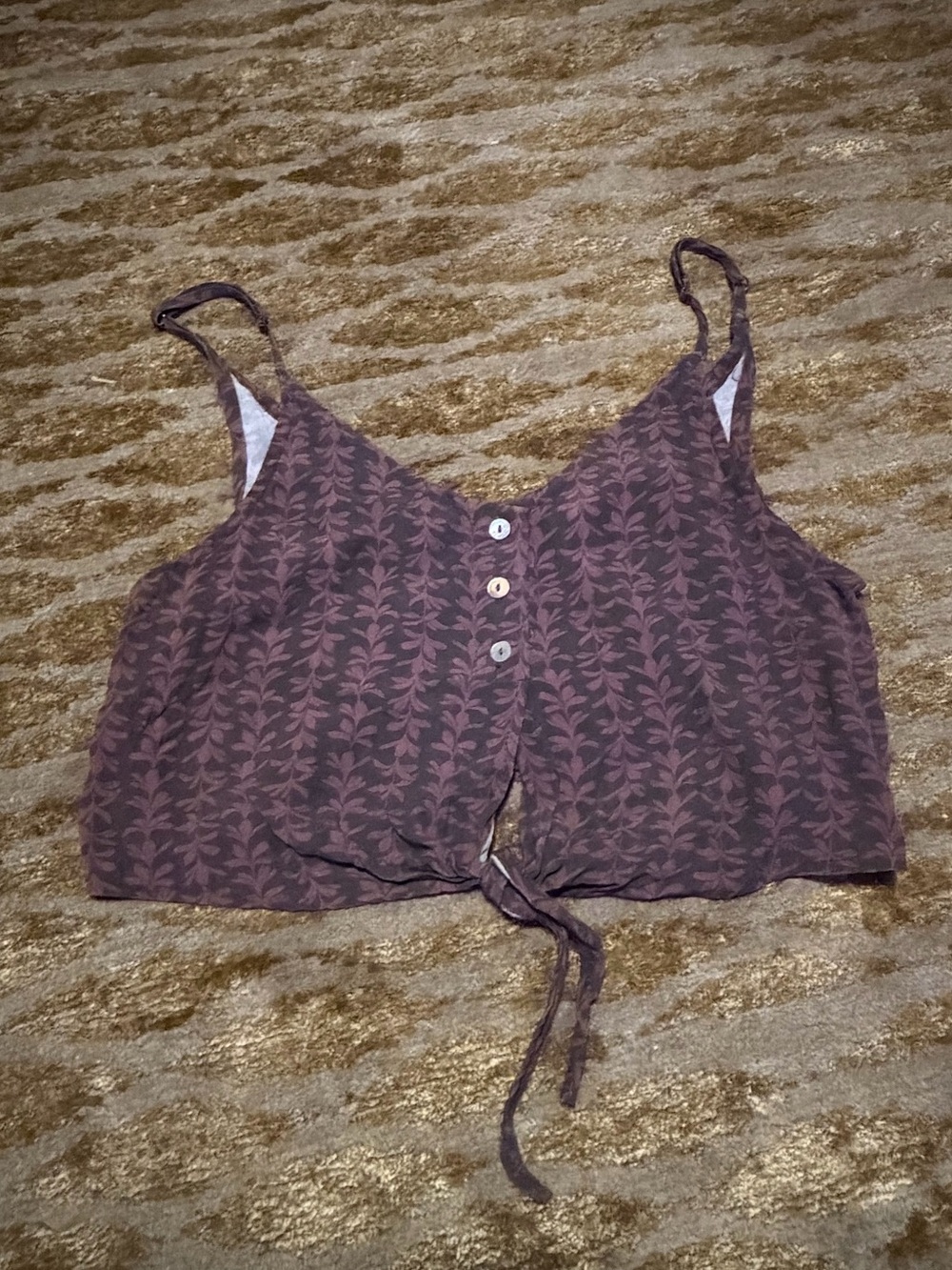Leaf-Print Brown Tie-Front Camisole Tank Top